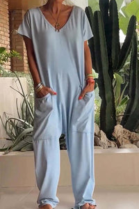 Amira | Damen V Ausschnitt Kurze Ärmel Jumpsuit – Blau