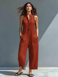Anastasia | Damen Ärmellos Jumpsuit mit Knopfleiste – Rot