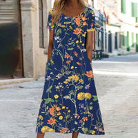 Annabella | Damen Blumen Midi Sommerkleid – Dunkelblau
