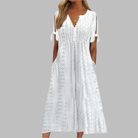 Anneke | Damen Lochstickerei V-Ausschnitt Midikleid – Weiß