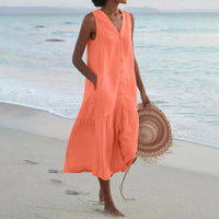 Annelie | Damen Ärmelloses Midikleid V-Ausschnitt Knopfleiste – Orange