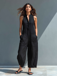 Anneliese | Damen Ärmelloser Jumpsuit mit Knopfverschluss – Schwarz