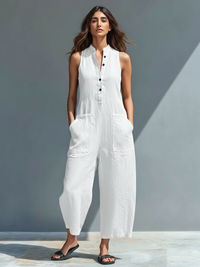Anneliese | Damen Ärmelloser Jumpsuit mit Knopfverschluss – Weiß