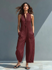 Anneliese | Damen Ärmelloser Jumpsuit mit Knopfverschluss – Rot