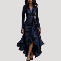 Anneliese | Damen Wickelkleid Langarm Volant Maxikleid – Marine