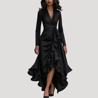 Anneliese | Damen Wickelkleid Langarm Volant Maxikleid – Schwarz
