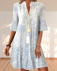 Anouk | Damen Boho Kleid V-Ausschnitt 3/4 Ärmel – Blau