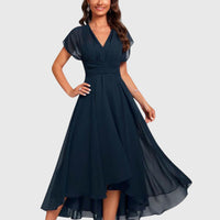 Aramina | Damen V-Ausschnitt A-Linie Midikleid – Blau