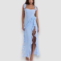 Giorgia | Langes Kleid mit Rüsche – Blau