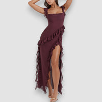 Giorgia | Langes Kleid mit Rüsche – Bordeaux