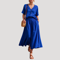 Arlinde | Damen Zweiteiler V-Ausschnitt Midi Rock Set – Blau