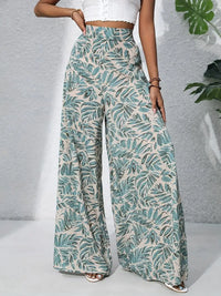 Athena - Boho Chic Hochtaillierte Florale Chiffon Hose mit weitem Bein für Frauen – Grün