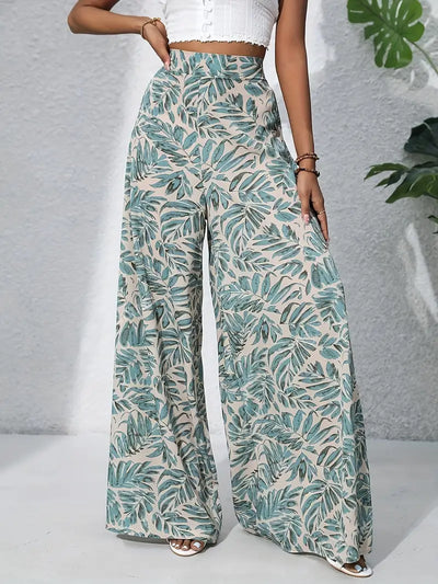 Athena - Boho Chic Hochtaillierte Florale Chiffon Hose mit weitem Bein für Frauen