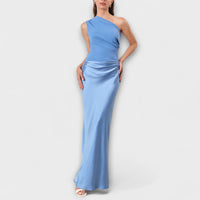 Elegantes Ein-Schulter Maxi-Kleid mit Falten – Blau