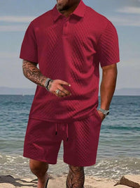 Niall - Strukturiertes Set aus Poloshirt und Shorts – Rot