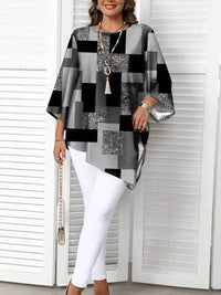 Nurit - Karierte Oversize Bluse Mit Kurzarm Und Drucken – Grau