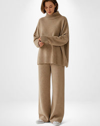 Einfarbiges Roolkragenpullover Strickset für Damen – Taupe
