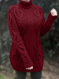 Narda - Klobig Kabel Gestrickt Rollkragen Kleid – Crimson