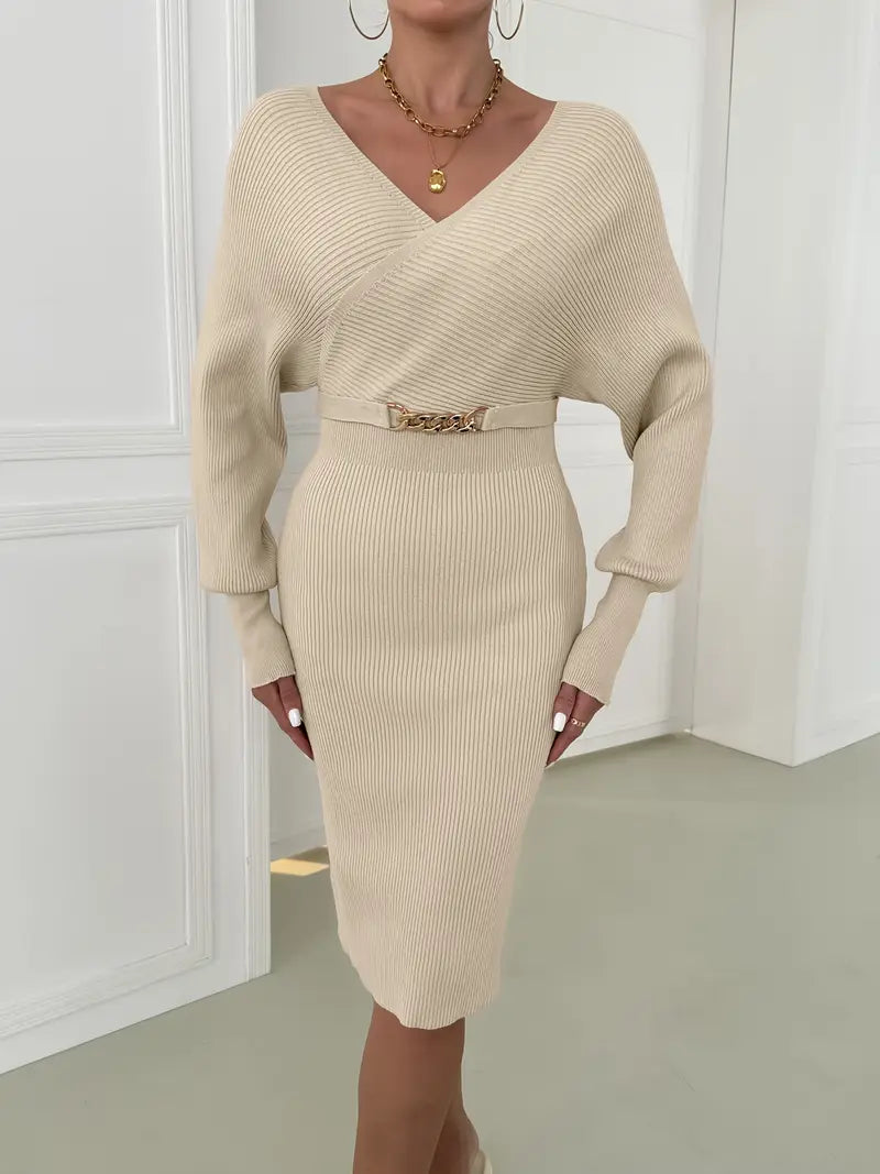 Exxy | Sexy V-Ausschnitt Midikleid mit langen Ärmeln für Herbst und Winter