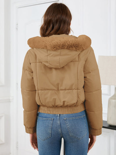 Zaviana | Damen wintermantel mit kapuze, taschen und langen ärmeln im cropped design