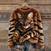 Jules – Weiches Plüsch Sweatshirt Mit Tabby Katzen Und Tiger Muster – Braun