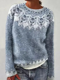 Damen - Warmer Strickpullover – Hellblau / Weiß