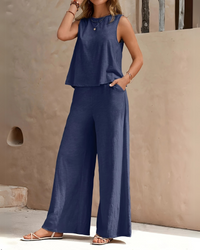 Damen Ärmelloses Freizeit Zweiteiler Set | Weite Hose – Marine