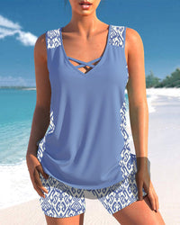 Helena - Tankini mit geometrischem Muster und V-Ausschnitt – Dunkelblau
