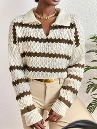 Clionel | Schicker Strickpullover mit Streifenmuster und Kragen – Aprikose+Kaffee Farbe