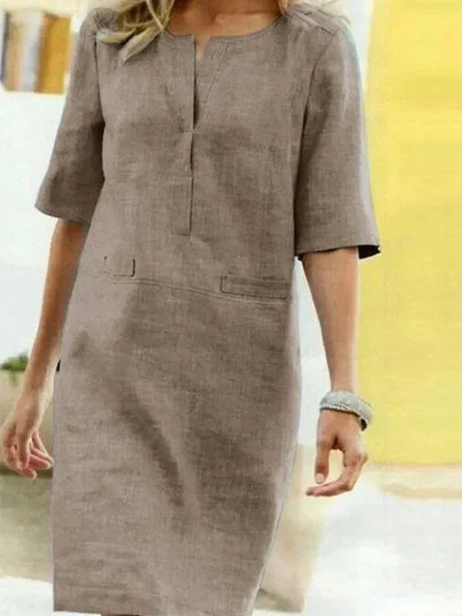 Heidi-Mode | Damen Kurzarm Baumwolle und Leinen Kleid