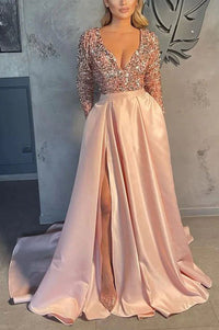 Heidi-Mode | Schöne Langarm V-Ausschnitt Pailletten Satin Festkleid – Rosa
