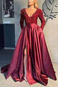 Heidi-Mode | Schöne Langarm V-Ausschnitt Pailletten Satin Festkleid – Rot