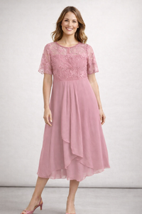 Beatrice | Zartes Spitzen Chiffon Midikleid – Rosa