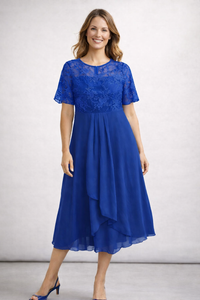 Beatrice | Zartes Spitzen Chiffon Midikleid – Dunkelblau