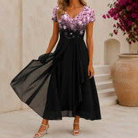 Beatrix | Florales Cocktail-Midikleid mit V-Ausschnitt – Rosa Schwarz
