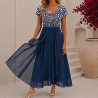 Beatrix | Florales Cocktail-Midikleid mit V-Ausschnitt – Silberblau