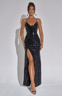 Damen-Abendkleid mit Pailletten und Schlitz | schmale Träger – Schwarz