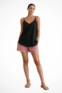 Benedikte | Damen V-Ausschnitt Spaghettiträger Top – Schwarz