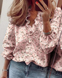 Beverly | Damen Rüschenshirt mit V-Ausschnitt und langen Ärmeln – Rosa