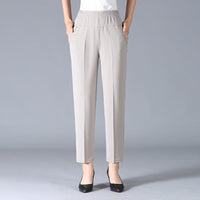 Damen Elastischer Bund mit Taschen Stoffhose – Hellgrau