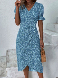 Sommerkleid für Damen - Luftiges Maxikleid mit V-Ausschnitt und Puffärmeln – Blau