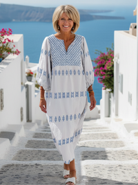 Brigitta | Damen V-Ausschnitt Langarm Maxikleid – Weiß