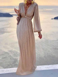 Brigitte | Damen Langarm V-Ausschnitt Maxikleid – Beige