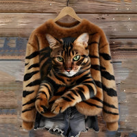 Zohara – Kunstfellpullover Mit Katzenprint – Braun
