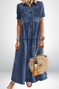 Brunhilde | Damen Jeanskleid Maxikleid mit Knopfleiste – Hellblau