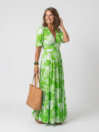 Brunhilde | Damen V-Ausschnitt Blumen Maxi Kleid – Grün