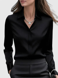 Anja | Damen Satin Bluse Shorts Set Knopfleiste Elegant Luxuriös – Schwarz