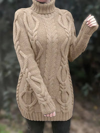 Narda - Klobig Kabel Gestrickt Rollkragen Kleid – Beige