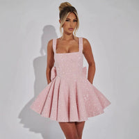 Nina - Damen Abendkleid mit ausgestelltem Mini und Schleife – Rosa