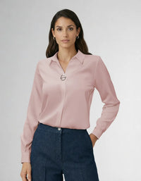 Elegante Langarm Bluse für Damen mit verdeckter Knopfleiste und dekorativer Schmuckspange – Rosa